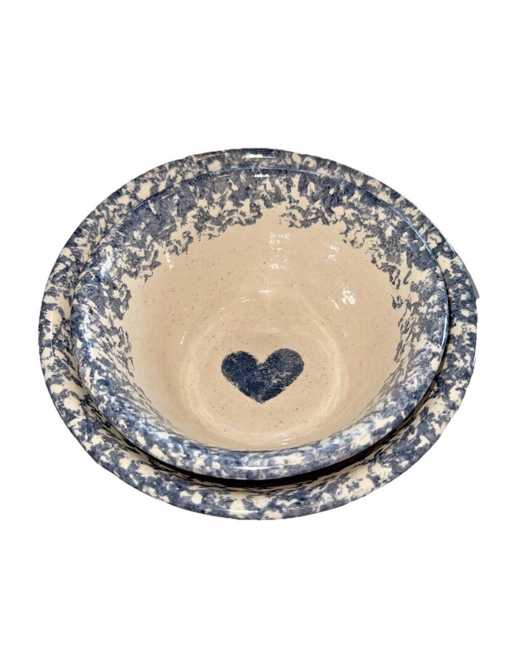 Vintage Pair Hen Blue Spongeware Pottery Nesting bowls with blue hearts; country